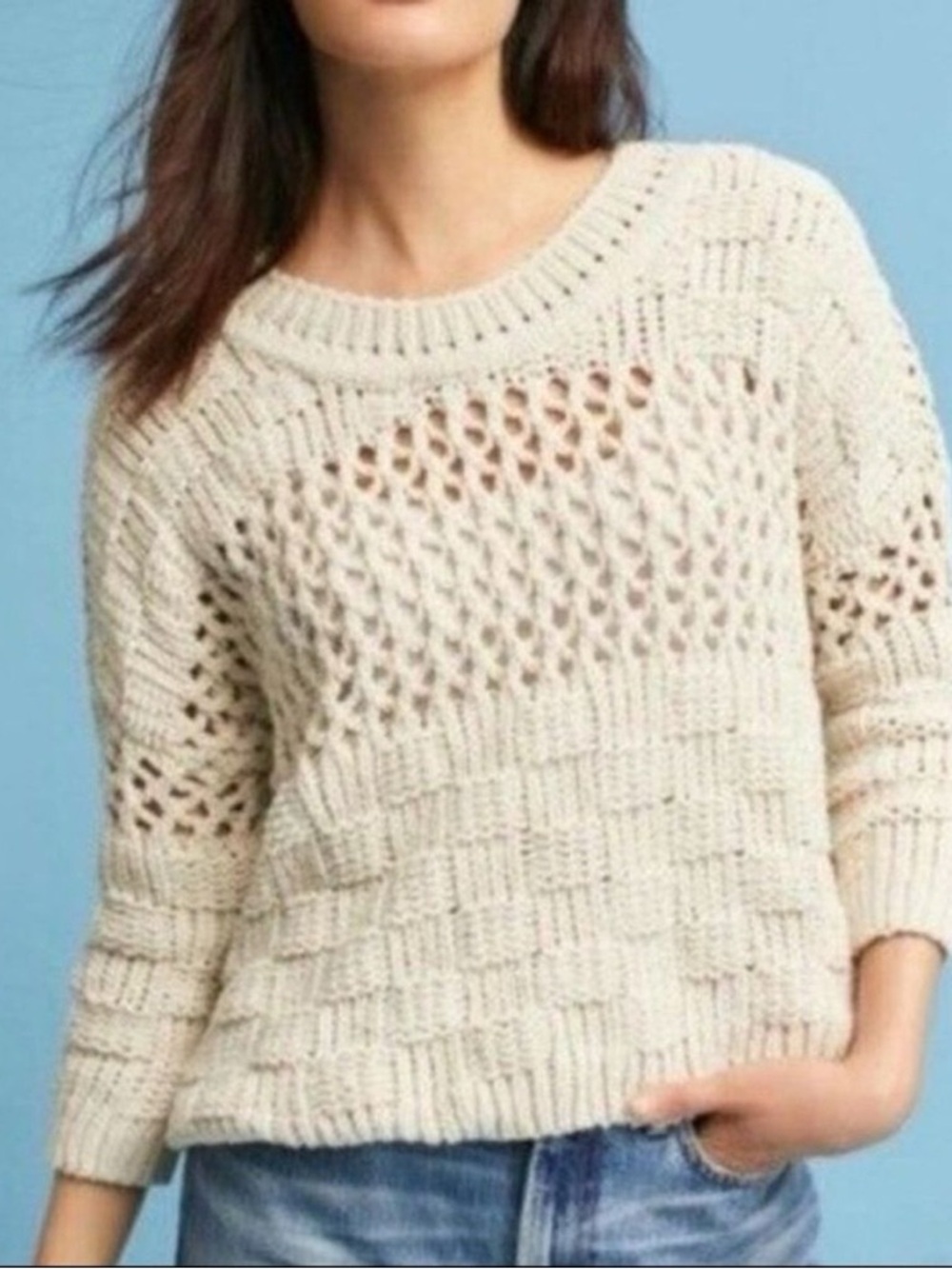 Anthropologie Moth Cream Open-Knit Scoop Neck Sweater